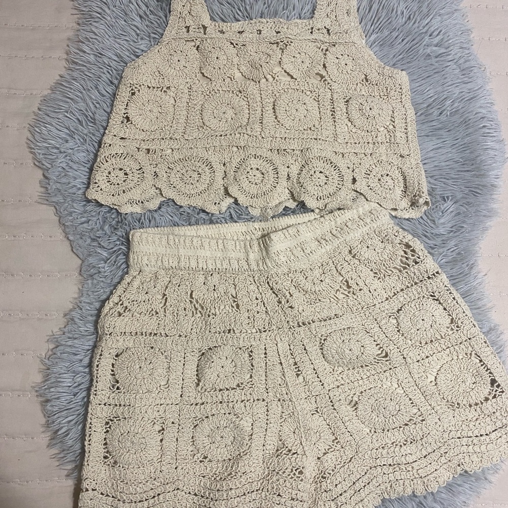 Crochet Tank Top and Shorts Set in Cream